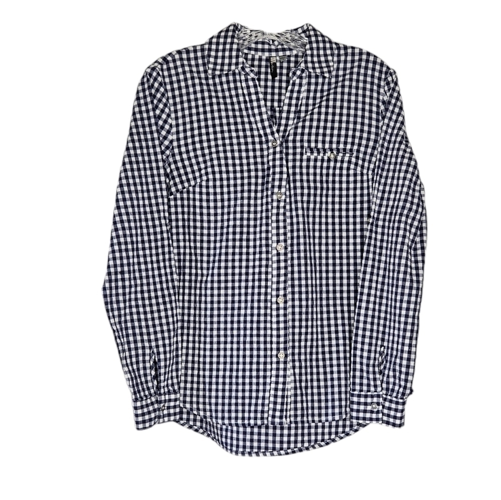 Kut from the Kloth women's blue & white check print long sleeve button-up shirt